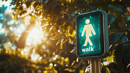 A glowing green pedestrian signal, showing the "walk" icon, with a soft-focus background of leafy trees and bright sunshine filtering throughの素材