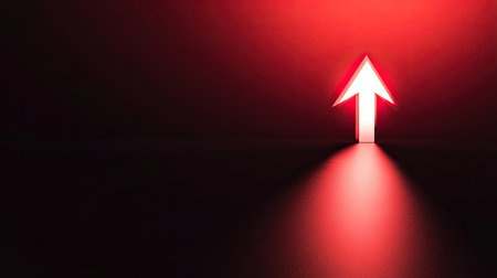 A single bold 3D arrow pointing upward, illustrating positive momentum in business and profit gains. Clean layout with open space for text or logos.の素材