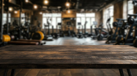 A rustic wooden table placed in front of a blurred gym filled with fitness equipment, perfect for showcasing workout products or equipment displaysの素材