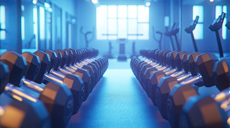 A gym scene featuring a row of dumbbells with various weight increments, stretching into the distance, with a bright and airy fitness environment in the backgroundの素材