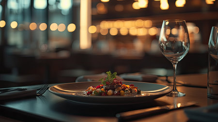 A meticulously presented gourmet plate on a polished dining table in a refined restaurant. The soft glow of bokeh lights enhances the luxurious atmosphere.の素材