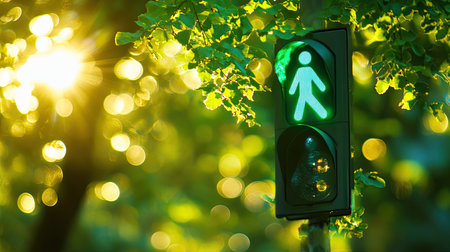 A green pedestrian signal lit, standing out against a blurred background of bright green foliage, suggesting movement through a natural, sun-filled spaceの素材