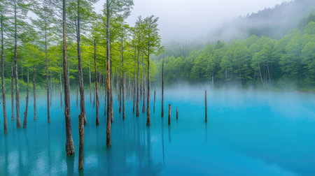 A misty morning at Hokkaido's Blue Pond, the blue waters and tree trunks veiled in light fog, adding mystery and beauty to the serene landscape.の素材