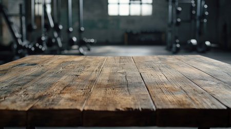 A weathered wooden table in sharp focus, with blurred gym machines and dumbbells in the background, creating a space for product presentation or montageの素材