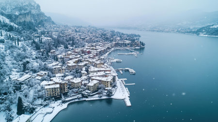 Aerial view of Riva del Garda in winter, with snow covering the town and surrounding landscape, while Garda Lake stretches out under a grey winter sky.の素材
