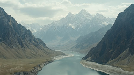 Aerial drone view of the Kurai Steppe and Chuya River, with the rugged peaks of the North-Chui Ridge in the Altai Mountains creating a dramatic horizon. --chaos 70の素材