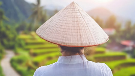 Asian woman in traditional Vietnam clothing, with a conical hat, walking down a path surrounded by Mu Cang Chaiaes vibrant rice terraces. --chaos 70の素材