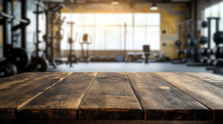 A well-worn wooden table in front of a blurred, brightly lit gym, offering an ideal surface for displaying fitness gear or health productsの素材
