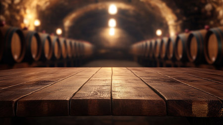 A wooden table top with a blurred background of a wine cellar, where soft lighting highlights rows of barrels. Ideal for product display in an elegant wine setting.の素材