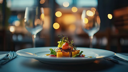 An elegant, gourmet dish plated on a pristine white plate in a sophisticated restaurant. Warm bokeh lighting in the background enhances the fine dining ambiance.の素材