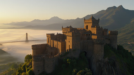 Aerial shot of lunar-inspired castles on Ba Na Hills, surrounded by fog, with the famous Golden Bridge arching through the mist below. --chaos 70の素材