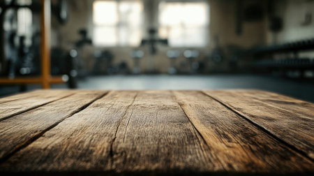 An empty, aged wooden tabletop with visible grain, set against a blurred gym background, offering space for product display or branding mockupsの素材