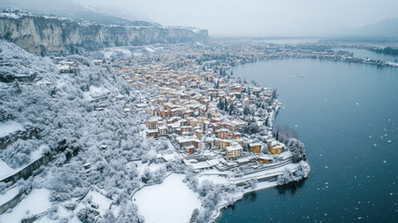 Aerial view of Riva del Garda in winter, with snow covering the town and surrounding landscape, while Garda Lake stretches out under a grey winter sky.の素材