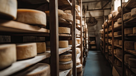 Aged Parmigiano cheese wheels resting on tall wooden shelves in a Parma factory. The setting captures the authentic cheese-making process, showcasing years of tradition.の素材