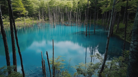 Blue Pond in Hokkaido on a clear day, the vibrant blue water surrounded by forest trees, creating a tranquil and surreal natural scene.の素材