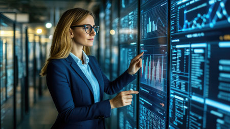 Businesswoman touching a holographic AI interface, representing big data analytics and neural network innovation in the digital age --chaos 70の素材