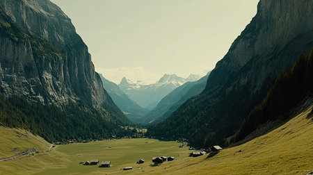 Breathtaking view of Grindelwaldaes alpine valley, with quaint wooden cottages, green pastures, and towering mountains on a clear day. --chaos 70の素材