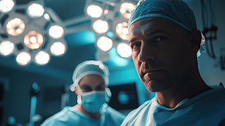 Caucasian male patient in a scrub cap receiving mask ventilation in an operating room as the surgical team works together under bright lights, preparing for surgery.の素材