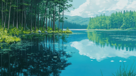 Blue Pond in Hokkaido with clear, calm blue water and standing trees, the reflection of the sky and forest creating a serene, dreamlike scene.の素材