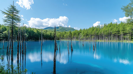Blue Pond in Hokkaido on a bright summer day, the wateraes striking blue color contrasting with the green forest and submerged tree trunks.の素材