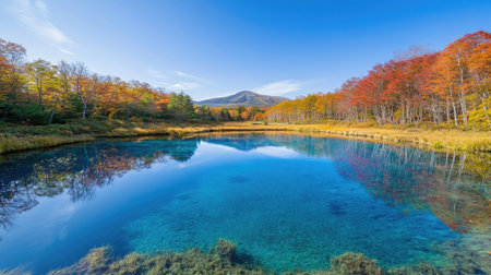 Blue Pond in Hokkaido during autumn, with the bright blue water reflecting the changing colors of the surrounding foliage and clear sky.の素材