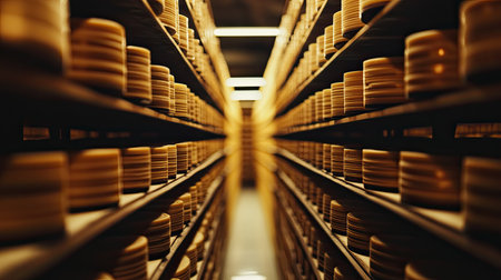 An endless row of perfectly aligned Parmigiano Reggiano cheese wheels on shelves in a factory in Parma. The atmosphere is calm, with light reflecting off the golden wheels.の素材