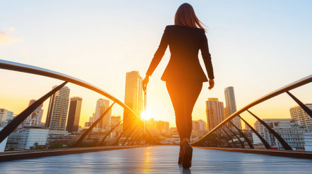 Businesswoman walking through a Bangkok sky bridge, pulling her trolley, city skyscrapers and fast-paced urban life in the background. --chaos 70の素材