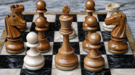 Chess pieces strategically placed on the board, symbolizing business management and organizational duties. Ideal for illustrating leadership and decision-making.の素材