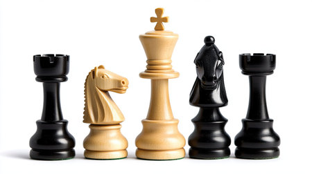 Chess pieces mid-game, illustrating the complexity of business strategy and leadership. The clean background provides copy space for text or branding.の素材