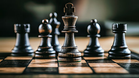 Chess pieces in play on a wooden board, illustrating business strategy and leadership planning. The clear arrangement represents insightful management choices.の素材