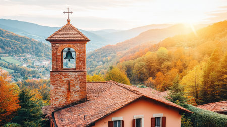 Close-up of a stone bell tower of a small European church, the sun shining brightly in the background. --chaos 70の素材