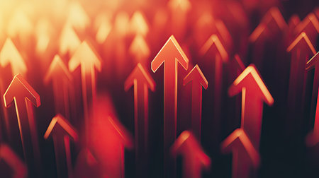 Cluster of 3D arrows all shooting upwards, illustrating business growth, progress, and financial success. Spacious design with room for copy or branding.の素材