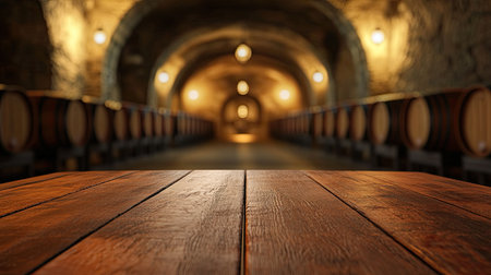Empty wooden table top overlooking a blurred, atmospheric wine cellar filled with barrels. The smooth, soft lighting creates an inviting scene for a wine-themed setup.の素材