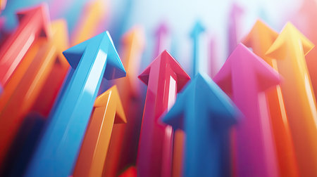 Cluster of 3D arrows all shooting upwards, illustrating business growth, progress, and financial success. Spacious design with room for copy or branding.の素材