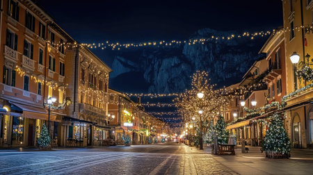 Festive lights illuminating the streets of Riva del Garda during Christmas season, the town glowing with holiday spirit against a clear night sky.の素材