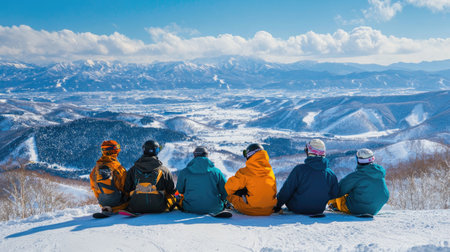 Group of snowboarders take in the panoramic view of Tokachidake and Daisetsuzan from a sunny spot at Furano ski resort, the snow-covered landscape stretching below.の素材
