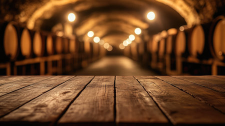 Empty wooden table top overlooking a blurred, atmospheric wine cellar filled with barrels. The smooth, soft lighting creates an inviting scene for a wine-themed setup.の素材