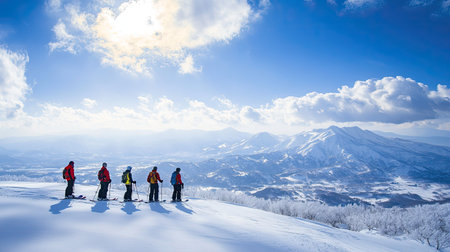 Group of snowboarders admire the majestic view of Daisetsuzan and Tokachidake from the snowy slopes of Furano, a sunny day highlighting the mountains' beauty.の素材
