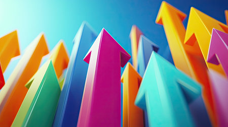 Group of colorful 3D arrows rising upward, representing financial success and upward momentum. The design includes space for text, ideal for marketing.の素材