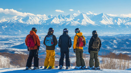 Group of snowboarders standing at the edge of Furano ski resort, admiring the snowy peaks of Tokachidake and Daisetsuzan mountains under a clear, sunny sky.の素材