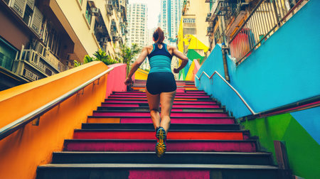 Female athlete sprinting up outdoor stairs in a vibrant city, her muscular frame powering her workout as she trains for fitness and endurance.の素材