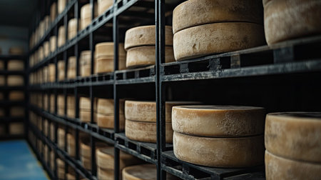 Industrial shelves filled with Parmigiano cheese wheels in a factory located in Parma. Each wheel carries marks from the aging process, with the smell of rich dairy.の素材