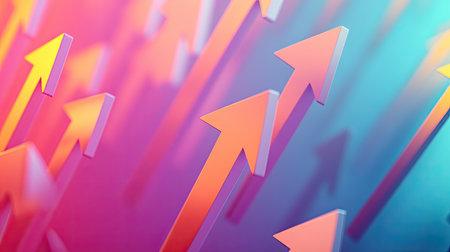 Multiple 3D arrows moving upwards on a gradient background, showcasing rapid business growth and success. Clear copy space available for text or graphics.の素材