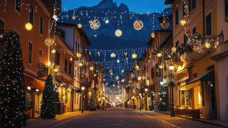 Riva del Garda town at night, beautifully adorned with Christmas lights, the glowing decorations adding holiday cheer to the picturesque streets.の素材
