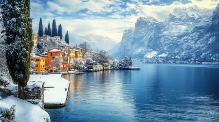 Riva del Garda in the winter, the town and lake shrouded in snow, with the surrounding mountains and trees adding to the tranquil atmosphereの素材