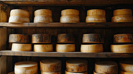 Parmigiano cheese wheels aging on rustic wooden shelves in a traditional factory in Parma, Italy. The detailed texture of each wheel shows the craftsmanship behind production.の素材