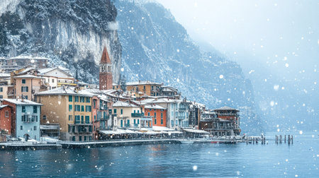 Winter in Riva del Garda, with snow falling gently on the town and Garda Lake, the surrounding mountains completing the picturesque winter scene.の素材