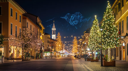Riva del Garda by night, the town center and streets beautifully decorated with vibrant Christmas lights, creating a festive holiday atmosphere.の素材