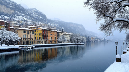Riva del Garda town blanketed by snow, the tranquil waters of Garda Lake reflecting the surrounding mountains on a peaceful winter day.の素材