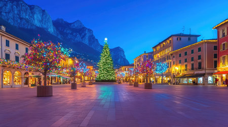 Riva del Gardaaes town square illuminated with colorful Christmas lights, the twinkling lights creating a festive holiday mood against the historic architecture.の素材